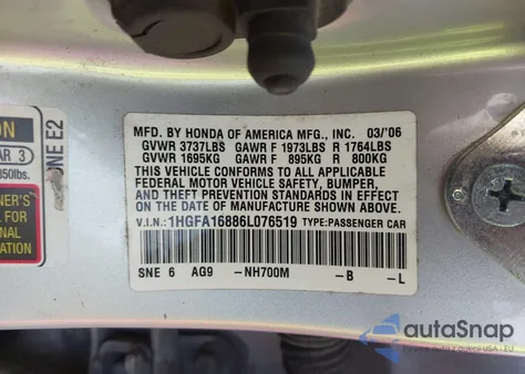 2006 Honda Civic Ex z USA, uszkodzony, nr VIN 1HGFA16886L076519